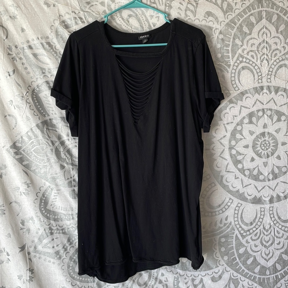 Black Tee with Ripped V Neck